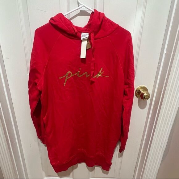 NWT Victoria's Secret PINK Fleece HOODIE Sweatshirt Dress Red‎  xs oversized - Picture 3 of 7